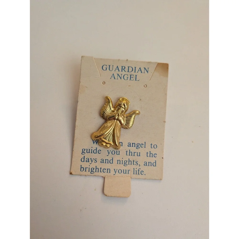 Vintage Gold Tone Guardian Angel Lapel Pin Religious Spiritual Gift Card